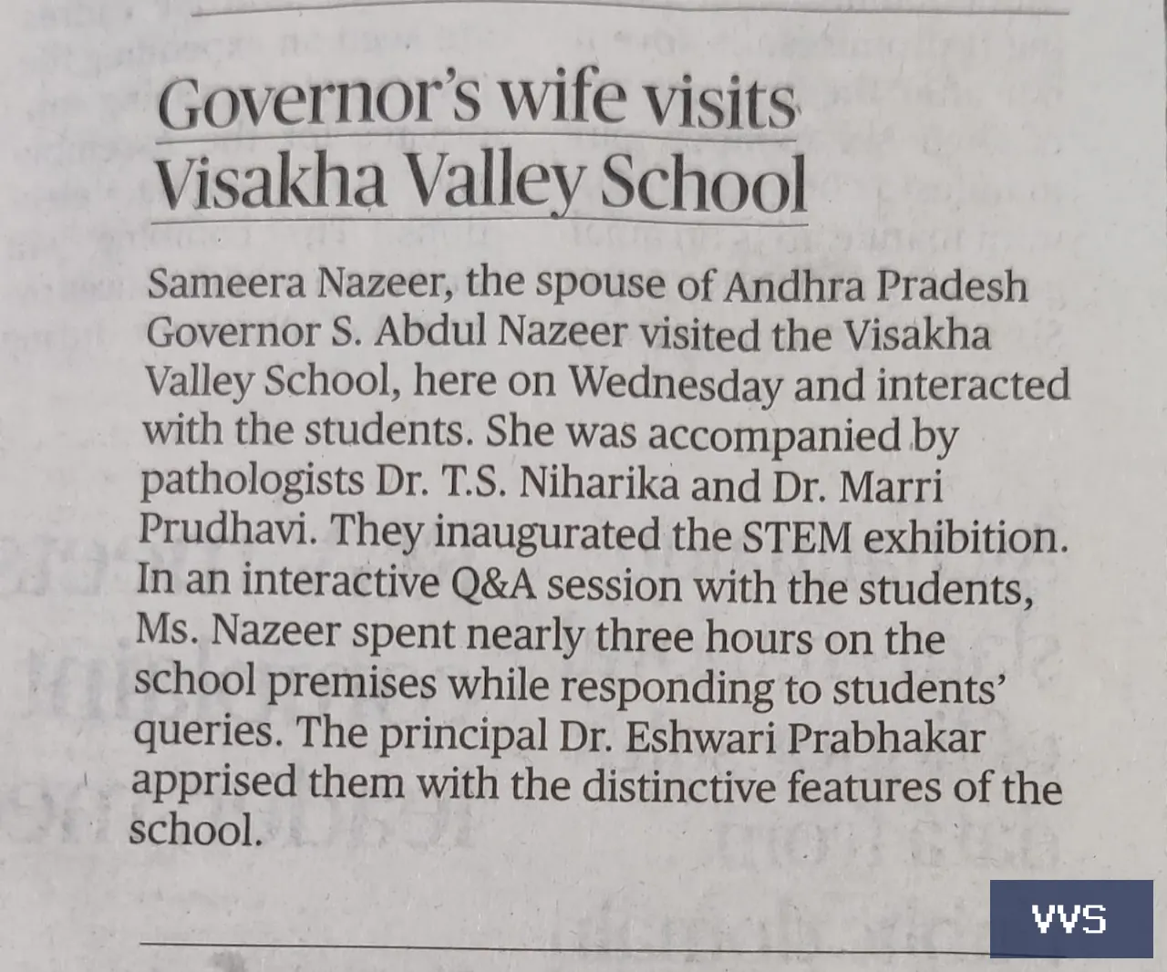 GOVERNOR'S WIFE VISITS VVS